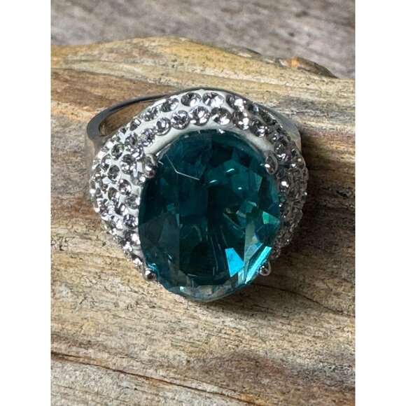 Sterling Silver .925 Ring With Faux Teal Blue Clear Crystals 10.88g - Picture 3 of 7